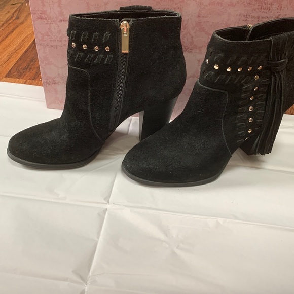 INC Western Stud/tassels, Black Suede Leather Ankle Booties Size 8.5, 4” heels - Picture 3 of 6